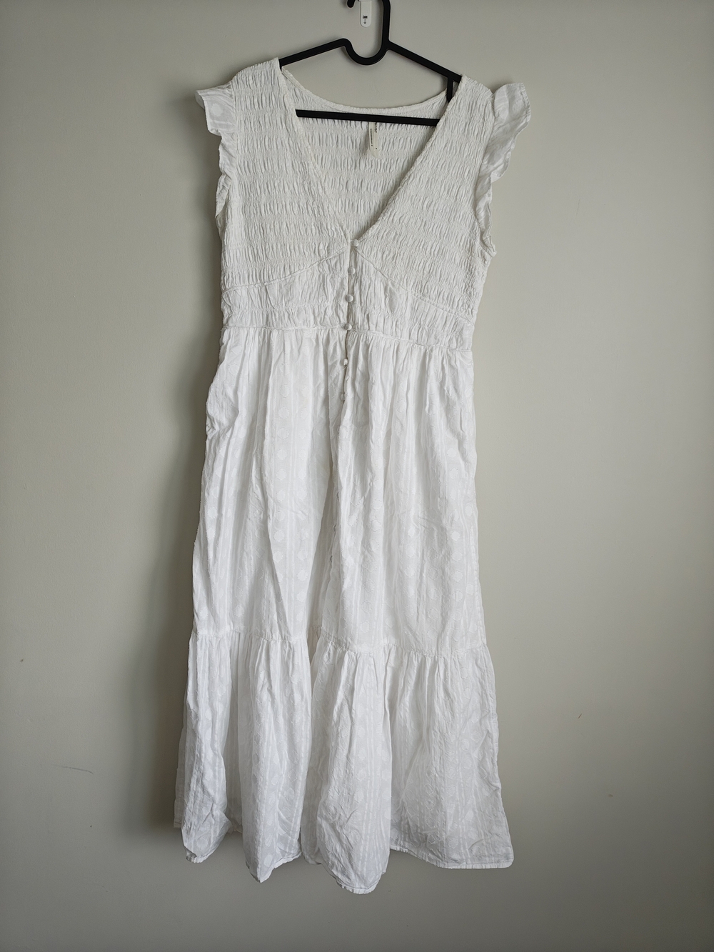 Anthropologie White V-Neck Button-Front Midi Dress with Flutter Sleeves As Is - Picture 2 of 15